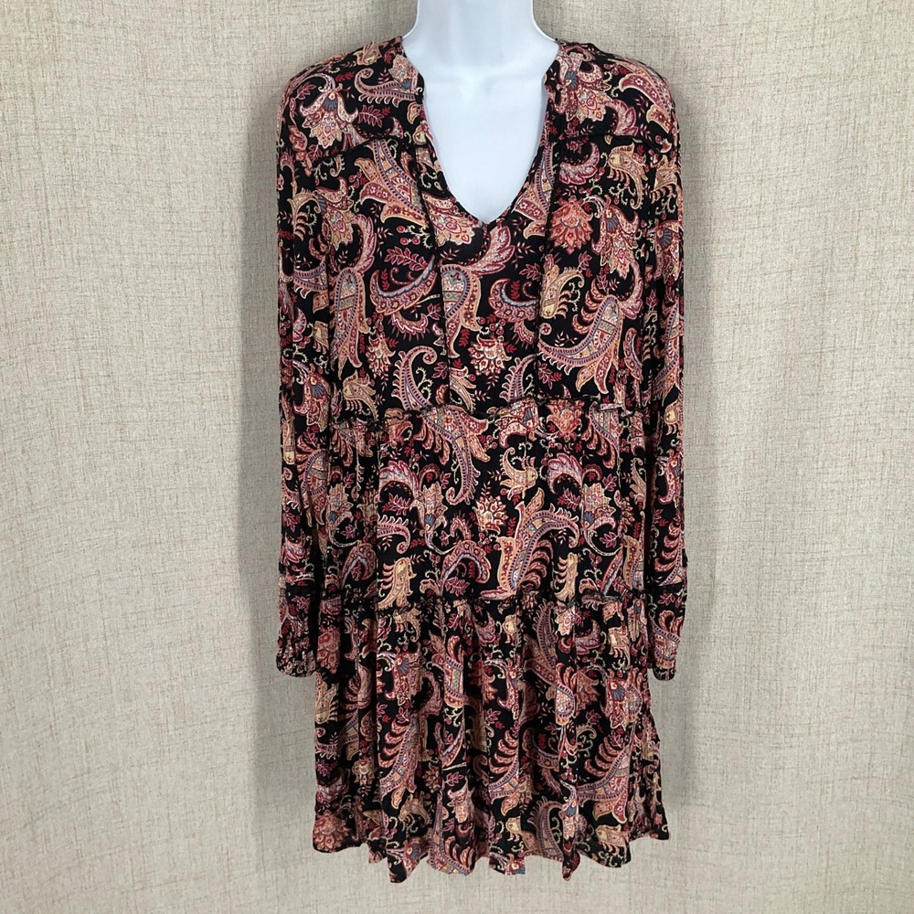 Knox‎ Rose Paisley Dress Women XS Black Red Boho Tiered Cottagecore Flowy